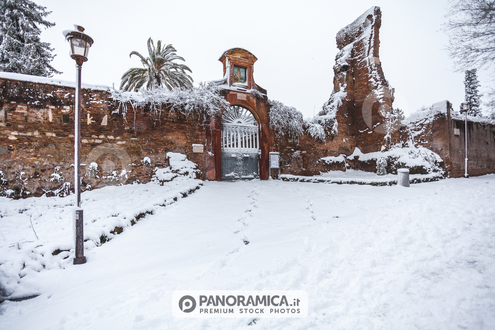 A lovely day of snow in Rome, Italy, 26th February 2018: a beautiful view of the Church of the Saint Sebastiano in Palatino under the snow
