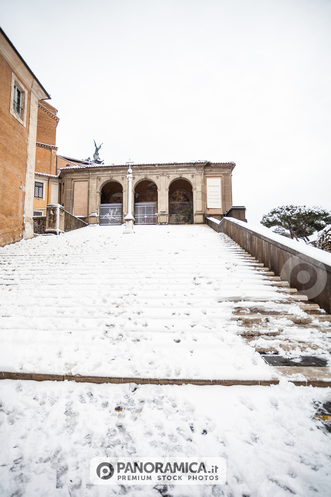 A lovely day of snow in Rome, Italy, 26th February 2018: a view of Convento of Santa Maria in Aracoeli under the snow