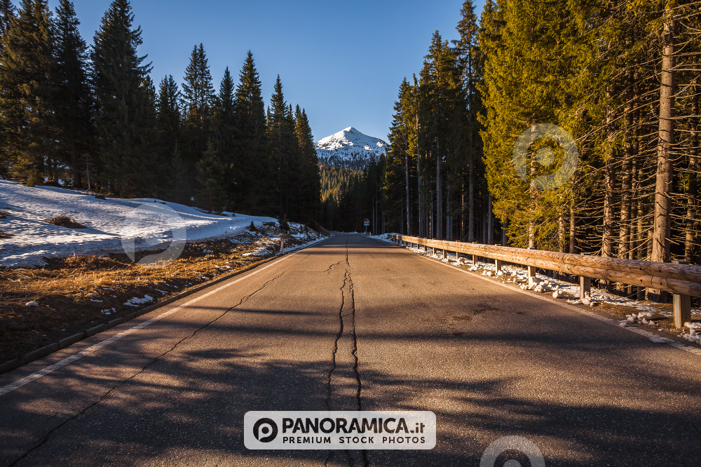 A view of the road to arrive in Rolle Pass, near Pale di San Martino, Paneveggio Natural Park, Dolomites, Italy