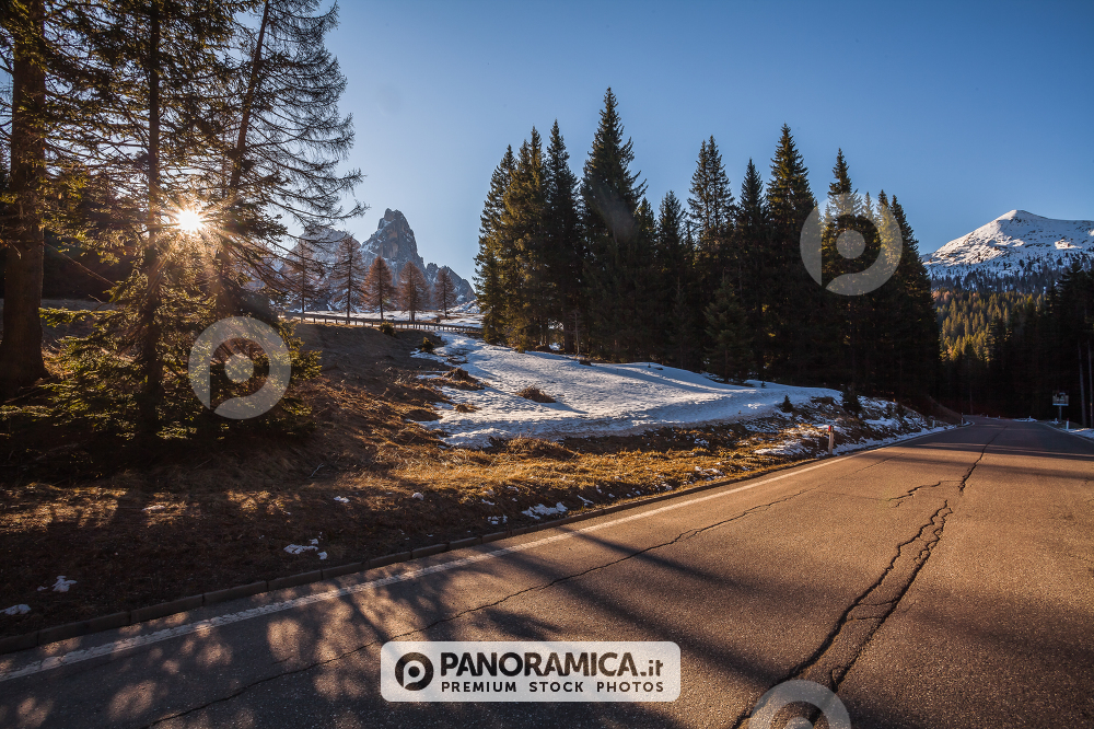 A view of the road to arrive in Rolle Pass, near Pale di San Martino, Paneveggio Natural Park, Dolomites, Italy