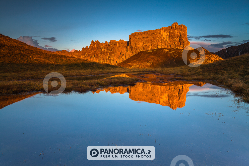 Lastoi di Formin reflected in a lake near the Giau Pass, Dolomites, Veneto, Italy