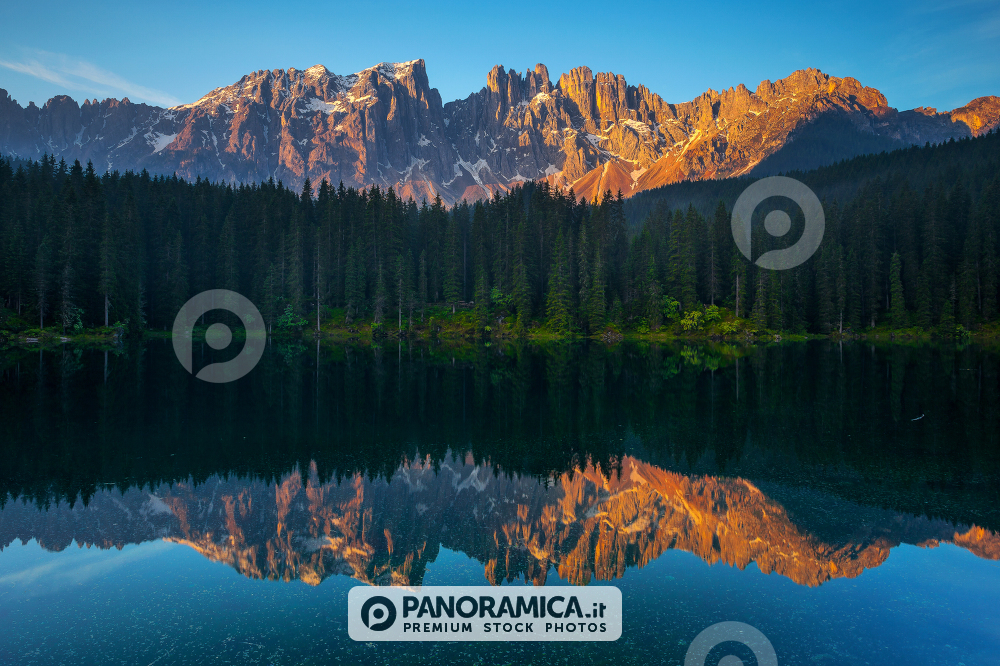 Mount Latemar reflected in the Carezza Lake, Costalunga Pass, Dolomites, Trentino Alto Adige, Italy