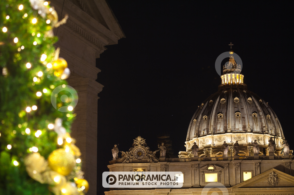 The beautiful big Christmas Tree in Saint Peter Square in front of the Basilica of Saint Peter in Rome, Italy
