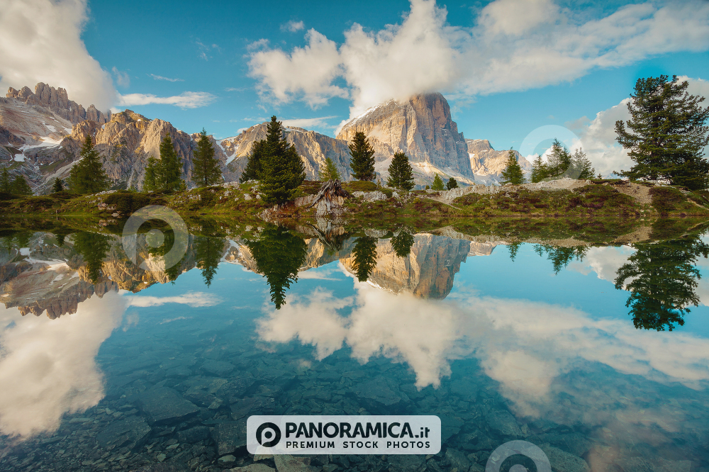 Tofana di Rozes reflected in the alpine Lake Limedes, Falzarego Pass, Dolomites, Veneto, Italy