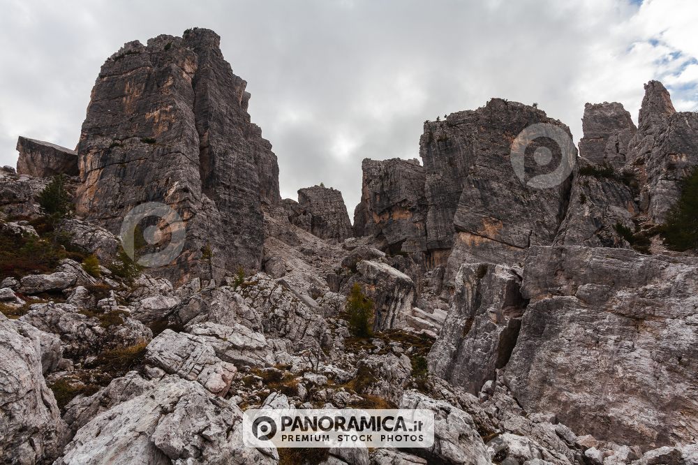 Trenches of World War in Dolomites, Cinque Torri. Landscapes and ruins dramatic memories of Wars in Dolomites