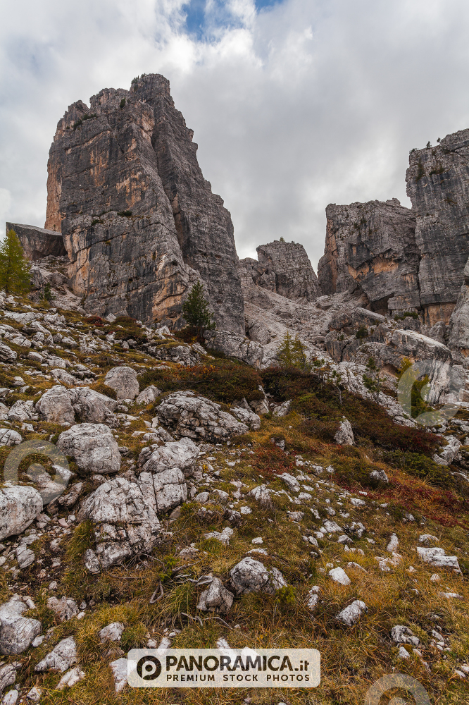 Trenches of World War in Dolomites, Cinque Torri. Landscapes and ruins dramatic memories of Wars in Dolomites