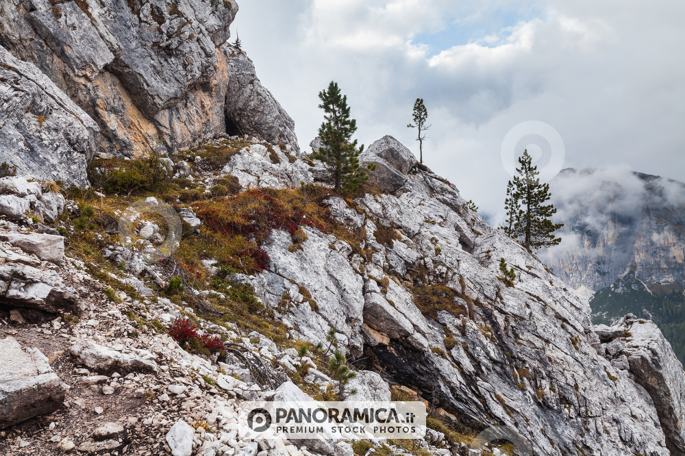 Trenches of World War in Dolomites, Cinque Torri. Landscapes and ruins dramatic memories of Wars in Dolomites