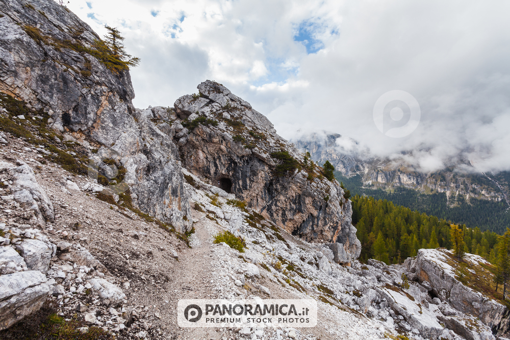 Trenches of World War in Dolomites, Cinque Torri. Landscapes and ruins dramatic memories of Wars in Dolomites