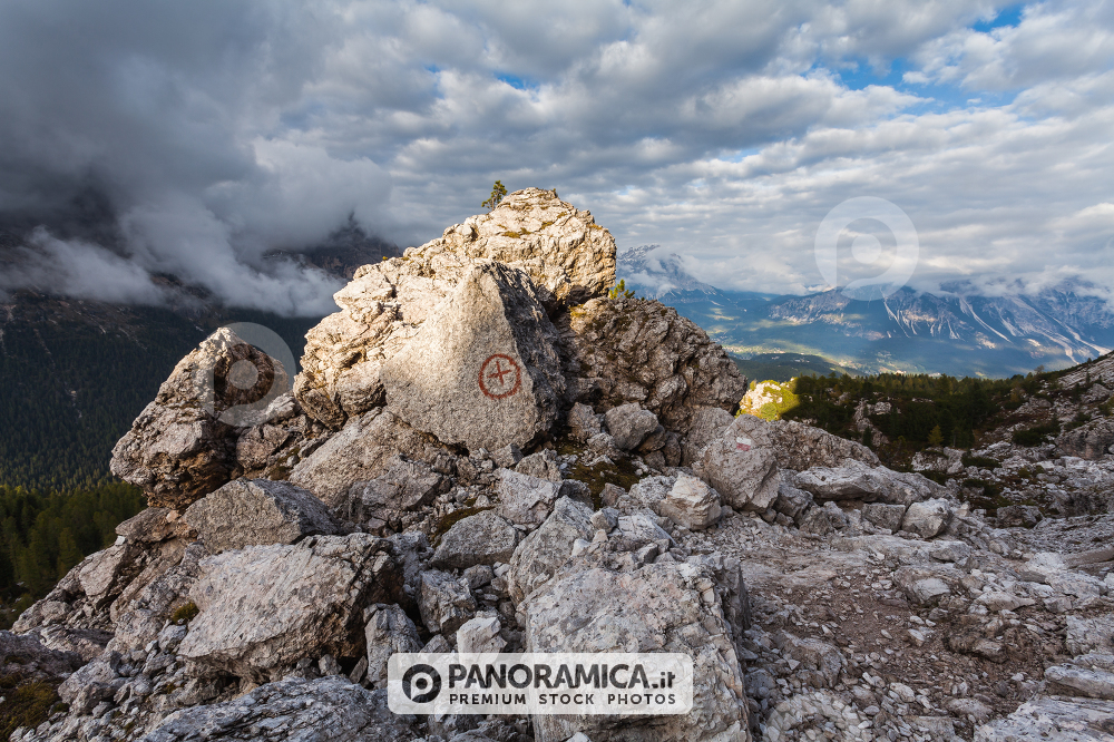 Trenches of World War in Dolomites, Cinque Torri. Landscapes and ruins dramatic memories of Wars in Dolomites