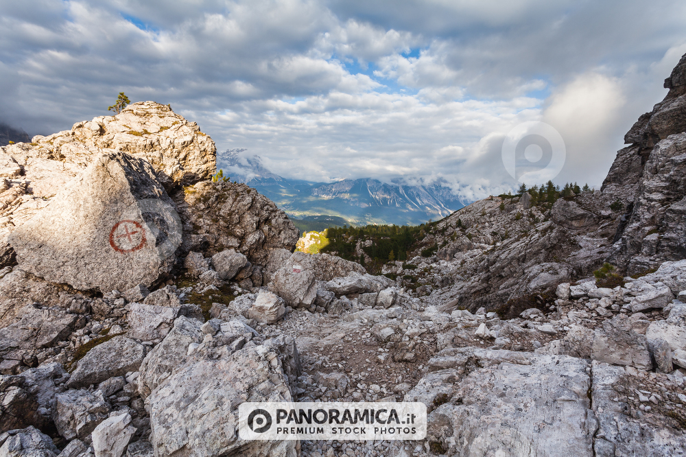 Trenches of World War in Dolomites, Cinque Torri. Landscapes and ruins dramatic memories of Wars in Dolomites