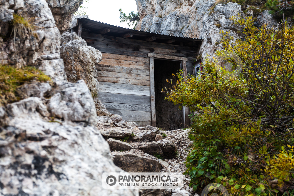 Trenches of World War in Dolomites, Cinque Torri. Landscapes and ruins dramatic memories of Wars in Dolomites