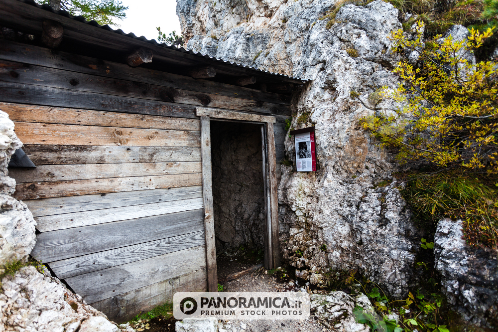 Trenches of World War in Dolomites, Cinque Torri. Landscapes and ruins dramatic memories of Wars in Dolomites