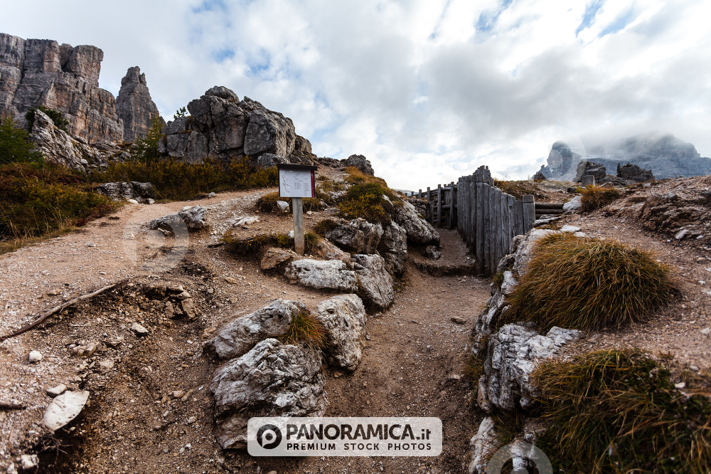 Trenches of World War in Dolomites, Cinque Torri. Landscapes and ruins dramatic memories of Wars in Dolomites