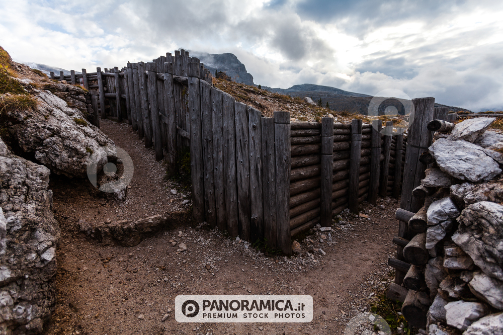 Trenches of World War in Dolomites, Cinque Torri. Landscapes and ruins dramatic memories of Wars in Dolomites