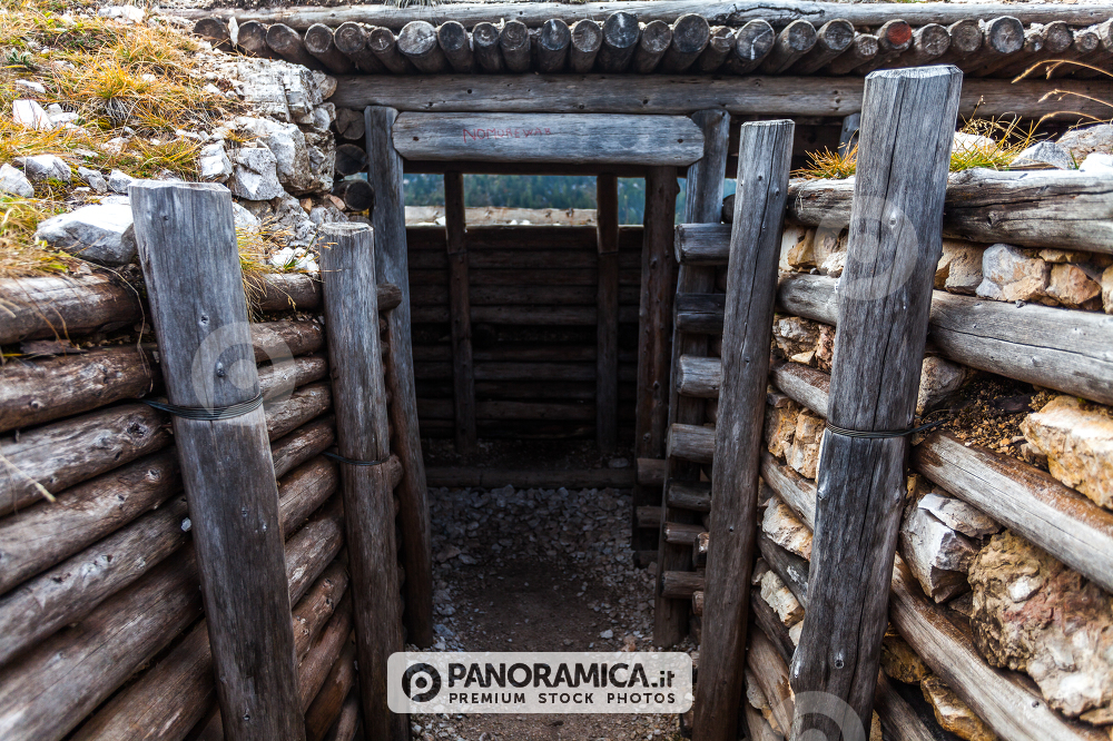 Trenches of World War in Dolomites, Cinque Torri. Landscapes and ruins dramatic memories of Wars in Dolomites