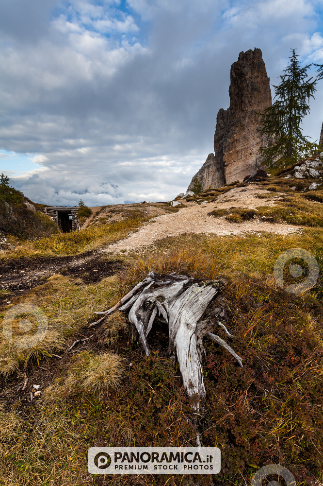Trenches of World War in Dolomites, Cinque Torri. Landscapes and ruins dramatic memories of Wars in Dolomites