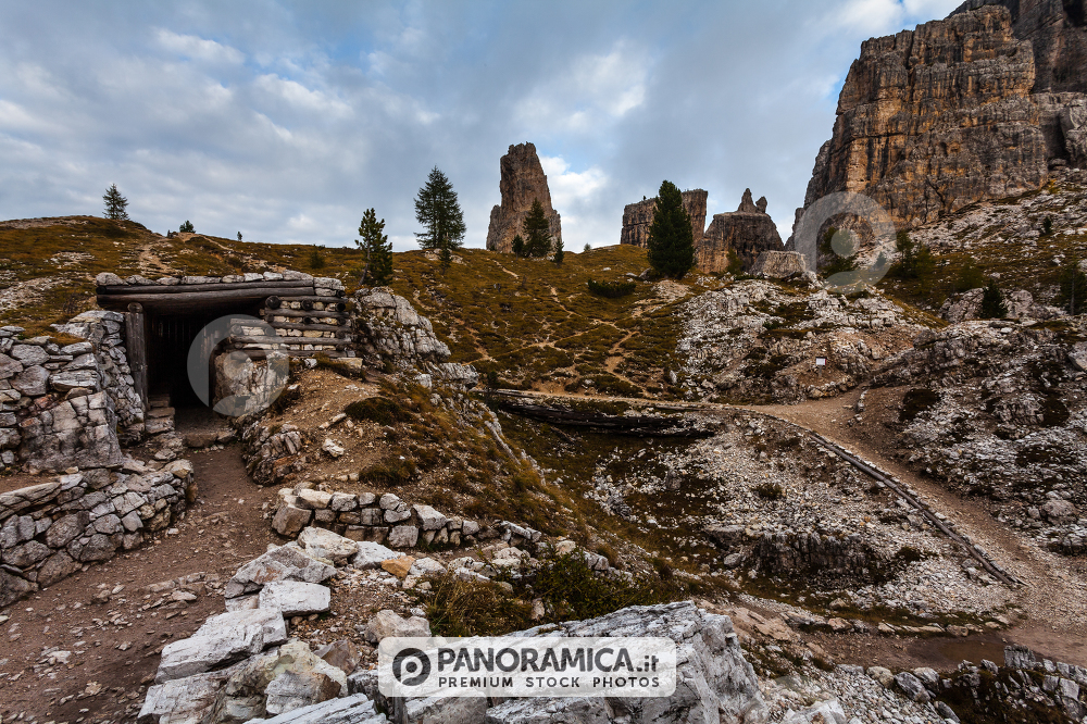 Trenches of World War in Dolomites, Cinque Torri. Landscapes and ruins dramatic memories of Wars in Dolomites