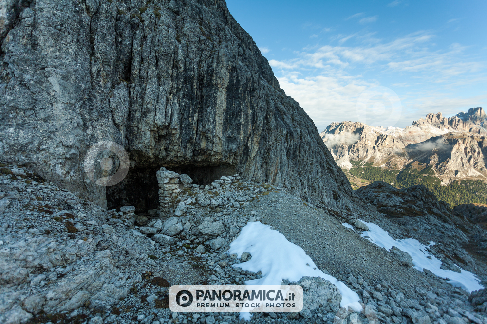 Trenches of World War in Dolomites, Cinque Torri. Landscapes and ruins dramatic memories of Wars in Dolomites