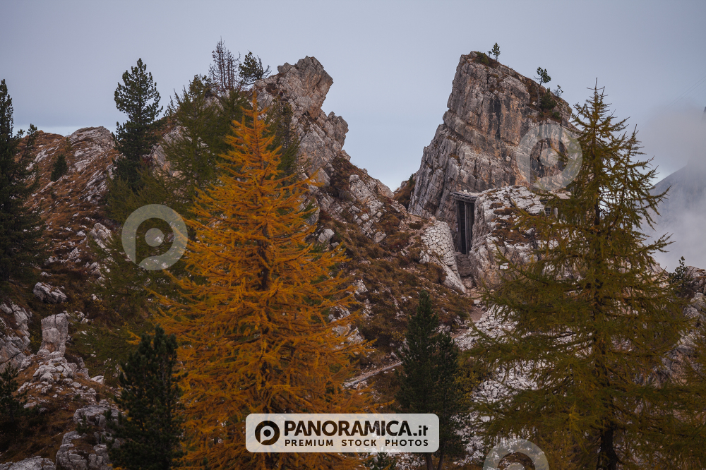 Trenches of World War in Dolomites, Cinque Torri. Landscapes and ruins dramatic memories of Wars in Dolomites