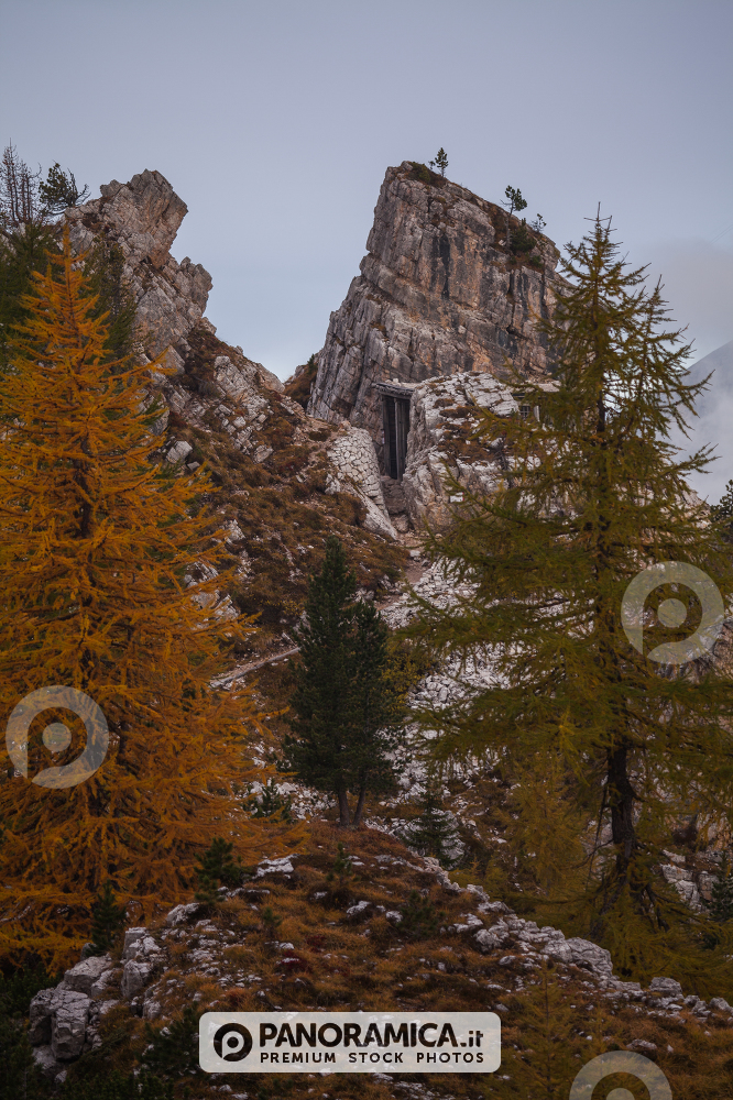 Trenches of World War in Dolomites, Cinque Torri. Landscapes and ruins dramatic memories of Wars in Dolomites
