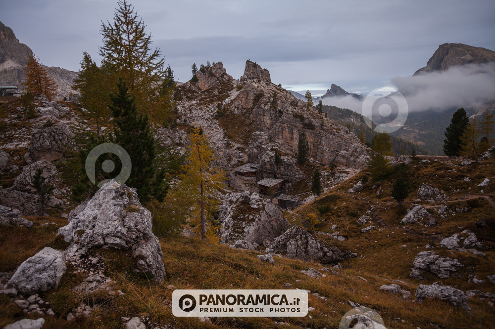 Trenches of World War in Dolomites, Cinque Torri. Landscapes and ruins dramatic memories of Wars in Dolomites