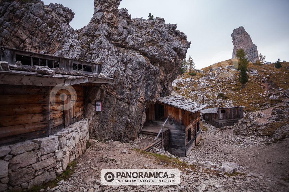 Trenches of World War in Dolomites, Cinque Torri. Landscapes and ruins dramatic memories of Wars in Dolomites