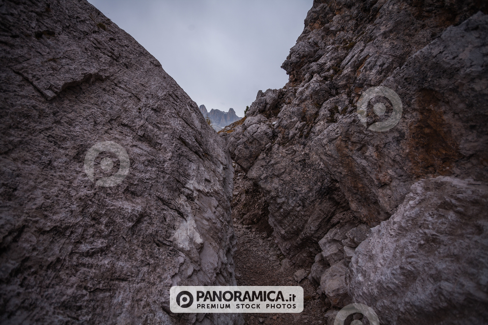 Trenches of World War in Dolomites, Cinque Torri. Landscapes and ruins dramatic memories of Wars in Dolomites